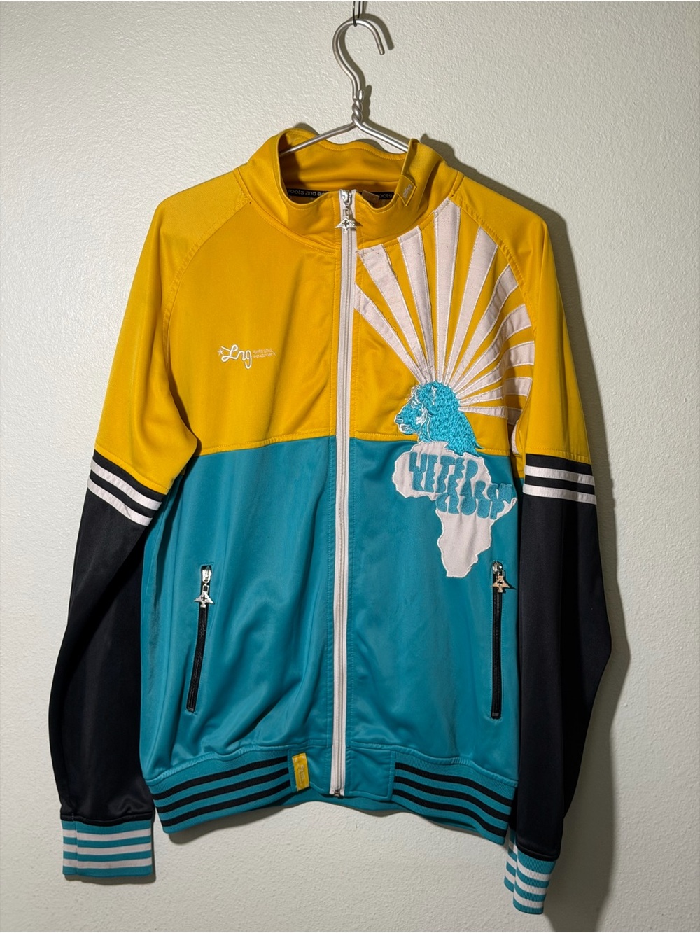 Vintage LRG Roots & Equipment Africa Lion Mock Zip Jacket Coat XL Teal Yellow